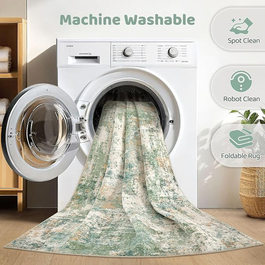 Runner Rug Kitchen Washable Rugs: 3x10 Non-Slip Abstract Soft Modern Stain Resistant Indoor Floor Neutral Accent Throw Carpet for Hallway Bathroom Laundry Room Entryway Bedroom- Green