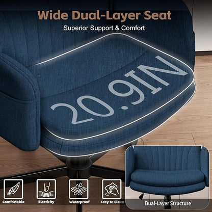 Vonesse Criss Cross Office Chair with Wheels & Armrests, Height Adjustable Vanity Chair, Makeup Chairs with Side Pockets Design, Comfortable Computer Desk Chairs for Home (Linen Fabric,Blue)