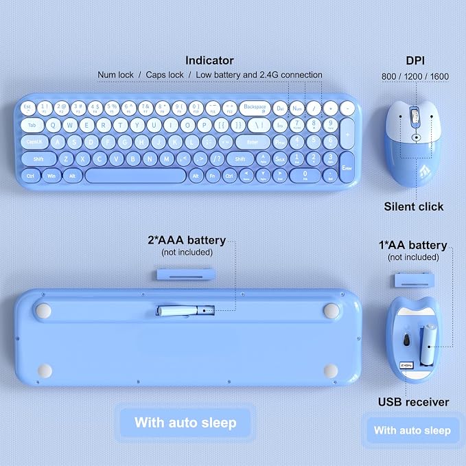 Dilter Wireless Keyboard and Mouse Combo, Portable Retro Keyboard with Compact Size, 2 in 1 USB Connected Mouse for Windows 7/8/10, Laptop, Desktop, PC, Computer (Blue)