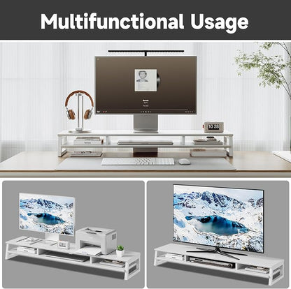 Dual Monitor Stand Riser for Desk, 41.7 Inch Large 2 Tier Computer Monitor Stand for 2 Monitors, Desktop Storage Organizer Shelf with Keyboard Space for Laptop PC Printer White