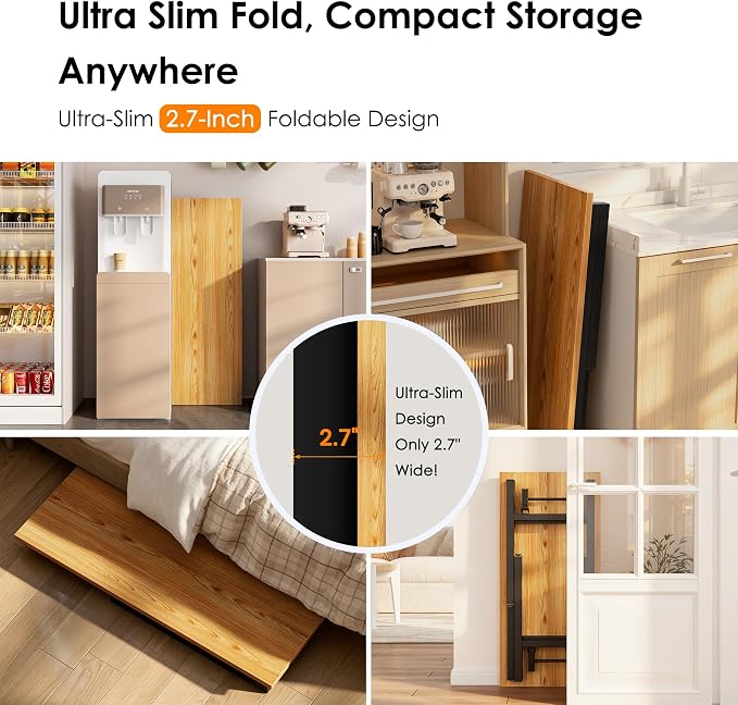Need 35.8 Inch Folding Desk for Small Spaces, Home Office Computer Desk with Teak Wood Top & Black Frame, Foldable Writing Table for Study, Bedroom, Dorm Room & Student