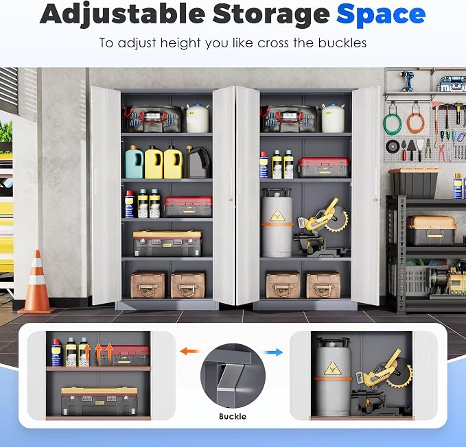 INTERGREAT Storage Cabinet with Doors and Shelves, Metal Garage Storage Cabinets with Lock, Black Lockable Steel Supply Cabinet for Home Office, Warehouse (Grey White)