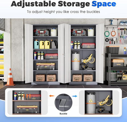 INTERGREAT Storage Cabinet with Doors and Shelves, Metal Garage Storage Cabinets with Lock, Black Lockable Steel Supply Cabinet for Home Office, Warehouse (Grey White)