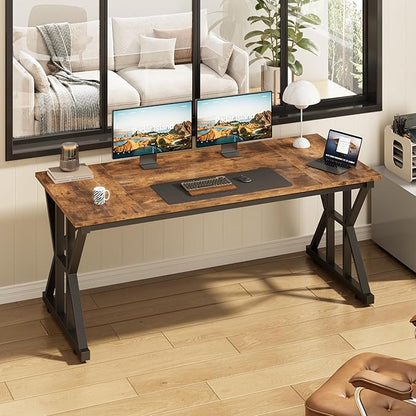 TVU Computer Desk, 55 inch Large Office Desk, Study Writing Table with Thicken Frame, Gaming Desk, Modern Simple Desk for Home Office, Rustic Brown