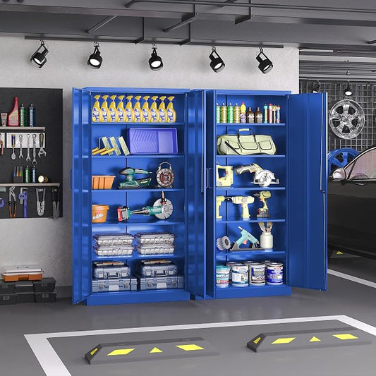 Metal Cabinet with Lock, Tall Storage Cabinet with Door and Adjustable Shelves,Blue Steel Storage Cabinets for Garage,Home Office,Pantry,School,Hospital