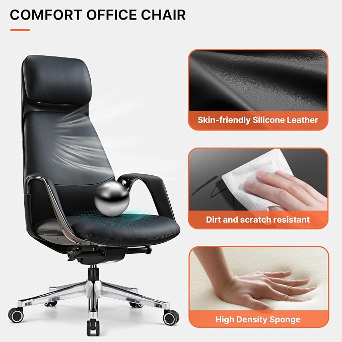 EUREKA ERGONOMIC Serene Executive Office Chair, Premium Nappa Leather High Back Boss Chair with Aluminum Base, Ergonomic Chair with Lumbar Support & Recline, Heavy Duty for Long-Hour Comfort, Black