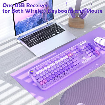 Wireless Keyboard and Mouse Combo, 104 Keys Cute Colorful Keyboard and Mouse with Retro Typewriter for PC/Mac/Laptop/Tablet/Computer/Windows Microsoft, Purple