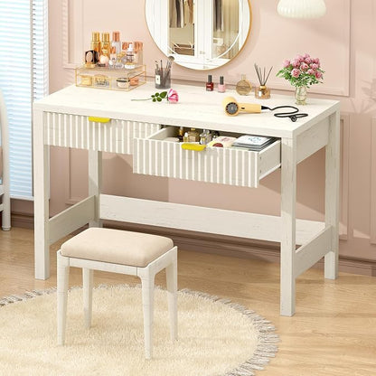 YOMILUVE Fluted Computer Desk with 2 Drawers, 39 Inch Small Computer Desk with Storage, Compact Writing Study Vanity Desk for Small Spaces, White