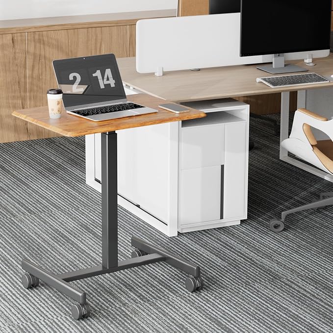 DUMOS Small Standing Desk Mobile Portable Rolling Laptop PC Table on Wheels Adjustable Height Computer Workstation for Home Office Small Space, 19 Inch, Modern Brown