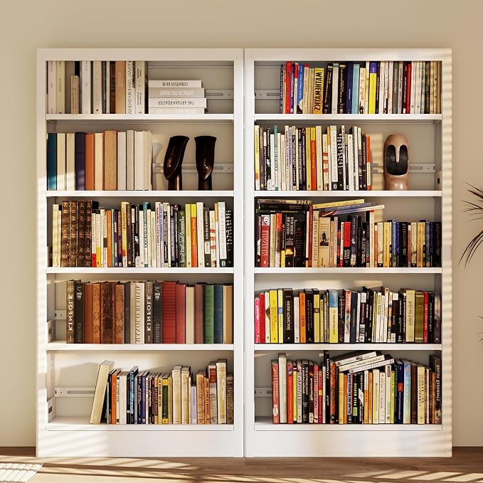 71" Metal Bookshelf, 5 Tier Library Bookcase with Adjustable Shelves, Heavy Duty Bookshelves and Bookcases, Modern Book Shelf Tall Book Case for Living Room, Office (White, 37.4" Wide)