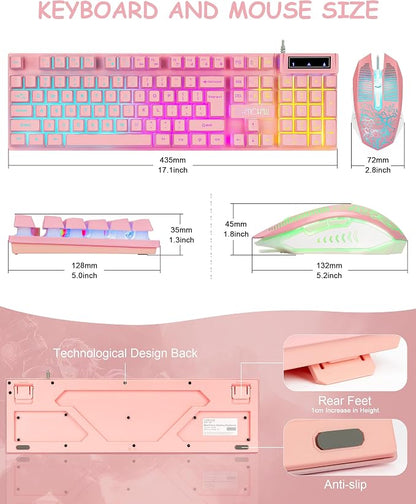CHONCHOW Pink Gaming Keyboard and Mouse Combo with LED, 104 Keys Wired Light Up Pink Keyboard and Cute Mouse Set for PC Laptop Computer PS4 PS5 Xbox, 19 Keys Anti-ghosting, Multimedia Keys, Number Pad