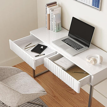 Tamworth Design Modern Multi-Purpose Desk, White & Antique Brass, 43" L x 15.75" W, 2 Large Drawers, Computer/Vanity/Study, Adult Size