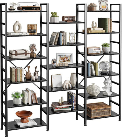 SUPERJARE Triple Bookshelf, Bookcase with 17 Open Display Shelves, Wide Book Shelf Book Case for Home & Office, 6 Tier, Black, ABC003B