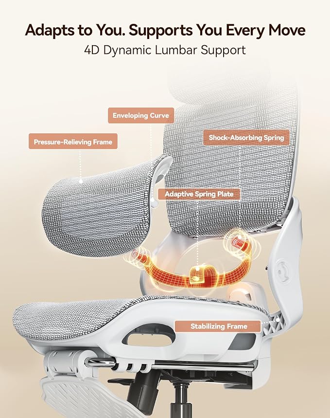 SIHOO B100 Pro Ergonomic Office Chair, Office Chair with Adaptive Lumbar Support, Computer Chair with Dual-Back, Desk Chair with 360° Rotatable & Flip-Up Armrests, 3D Wide Headrest, Light Grey
