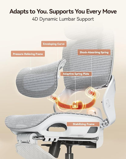 SIHOO B100 Pro Ergonomic Office Chair, Office Chair with Adaptive Lumbar Support, Computer Chair with Dual-Back, Desk Chair with 360° Rotatable & Flip-Up Armrests, 3D Wide Headrest, Light Grey