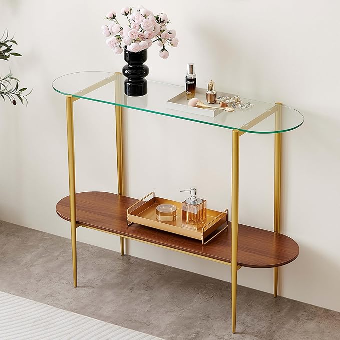 LumFurn Oval Glass Console Table for Living Room, Foyer & Entrance, 2-Tiers Mid-Century Modern Sofa Table with Clear Glass Top, Walnut Finish Wood Shelf and Gold Finish Frame
