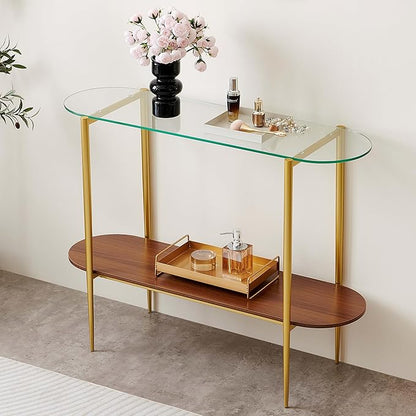 LumFurn Oval Glass Console Table for Living Room, Foyer & Entrance, 2-Tiers Mid-Century Modern Sofa Table with Clear Glass Top, Walnut Finish Wood Shelf and Gold Finish Frame