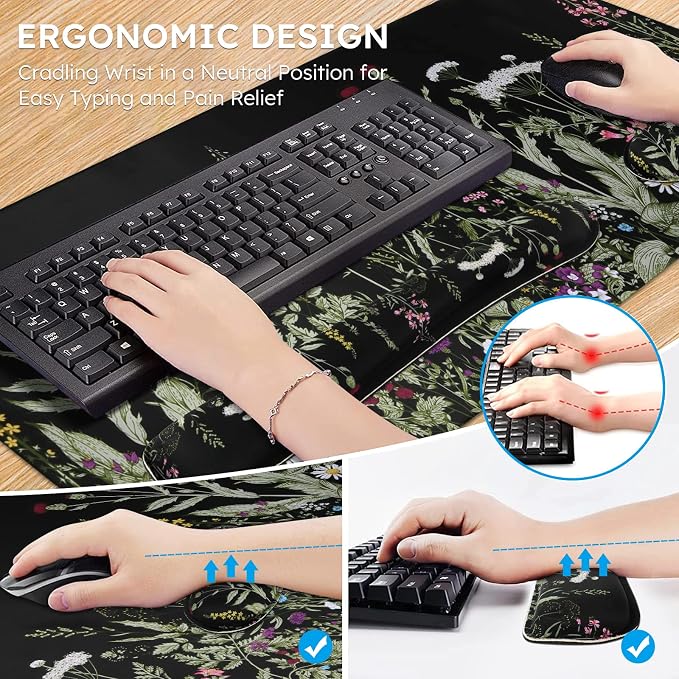iCasso Large Mouse pad for Desk, Computer Desk Mat, 3Pcs XXL Keyboard and Mouse Pad + Keyboard Wrist Rest, Desk Matt for Desktop, Easy Typing Pain Relief Ultra Thick Mousepad Keyboard Mat(Weeds)