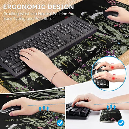 iCasso Large Mouse pad for Desk, Computer Desk Mat, 3Pcs XXL Keyboard and Mouse Pad + Keyboard Wrist Rest, Desk Matt for Desktop, Easy Typing Pain Relief Ultra Thick Mousepad Keyboard Mat(Weeds)