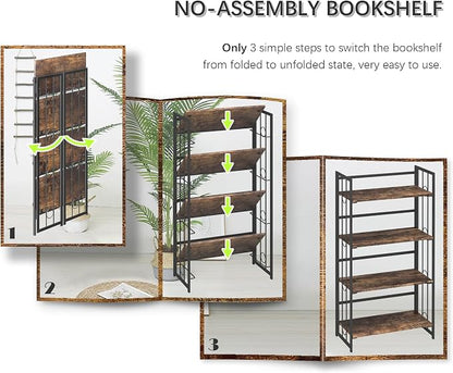 4NM No Assembly 4 Tiers Folding Bookshelf, 47.2" H Foldable Storage Shelves Vintage Bookcase Standing Racks Study Organizer Home Office - Rustic Brown Black