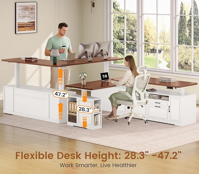 SEDETA Farmhouse L Shaped Electric Standing Desk, 69" x 55" Height Adjustable Office Executive Desk with 4 Drawers and Storage Shelves, Sit Stand Computer Desk with Power Outlet, White and Brown