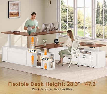 SEDETA Farmhouse L Shaped Electric Standing Desk, 69" x 55" Height Adjustable Office Executive Desk with 4 Drawers and Storage Shelves, Sit Stand Computer Desk with Power Outlet, White and Brown