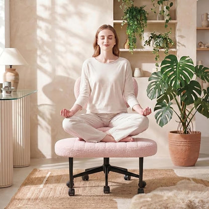 Cross Legged Office Chair with Wheels, 360 Swivel Height-Adjustable Meditation Chair with Lumbar Support, Pink