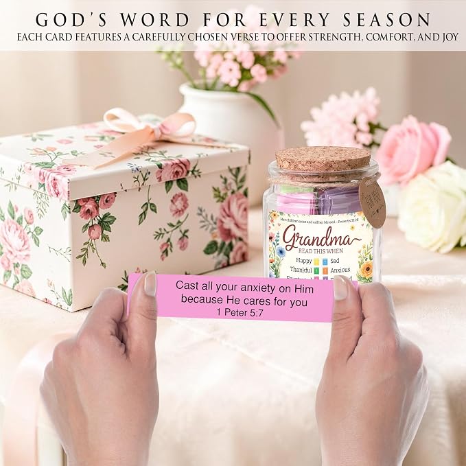 Bible Verse Jar for Grandma, 92 Color Coded Bible Verse in Glass Jar, Christian Gifts for Grandma, Mothers Day Gifts for Grandma, Religious Birthday Christmas Gift for Grandmother
