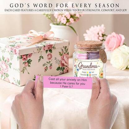Bible Verse Jar for Grandma, 92 Color Coded Bible Verse in Glass Jar, Christian Gifts for Grandma, Mothers Day Gifts for Grandma, Religious Birthday Christmas Gift for Grandmother