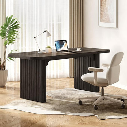 LITTLE TREE 62-Inch Computer Desk, Large Simple Writing Desk with Fluted Double Pedestal, Modern Home Office Desk, Wooden 5 Ft Small Conference Meeting Seminar Table, Charcoal Black