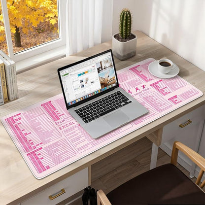 iCasso Pink Excel Cheat Sheet Desk Mat with Excel for Dummies,Excel Shortcuts Mousepad, Extended Large XXL Non-Slip Exel Mousepad with Stitched Edges,Computer Mats for Desktop Protector