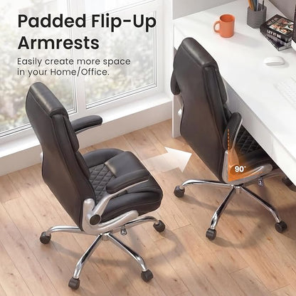 NEO CHAIR Executive Office Chair High Back Ergonomic Computer Desk Chair with Adjustable Lumbar Support Padded FILP-up Arms PU Leather Comfy Task Tilt Swivel for Home (Black)