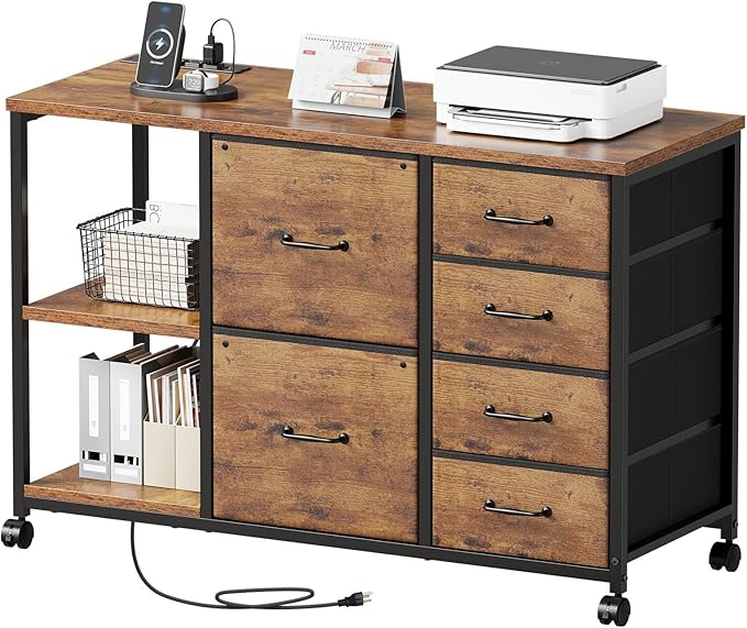 Maihail 6 Drawer File Cabinet with Charging Station Rolling Printer Stand with Open Storage Shelf Fabric Lateral Filing Cabinet for Home Office,Rustic Brown2