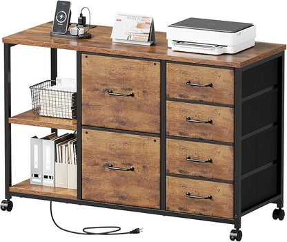 Maihail 6 Drawer File Cabinet with Charging Station Rolling Printer Stand with Open Storage Shelf Fabric Lateral Filing Cabinet for Home Office,Rustic Brown2