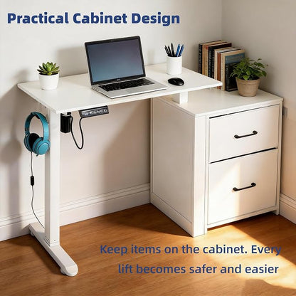NORTHSKY Small Electric Standing Desk with Drawers, 32 x 18 Inches Sit Stand Desk with Storage, Height Adjustable Small Computer Desk, 3 Memory Preset, 1 Hook, Cable Management, White