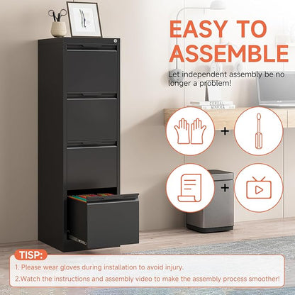 4 Drawer File Cabinet,Metal Vertical File Storage Cabinet with Lock,Filing Cabinets for Home Office,A4 Legal/Letter-Assembly Required/Black