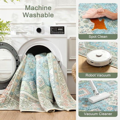 Lofus Vintage Living Room Rugs 8x10, Soft Machine Washable Area Rug for Bedroom Indoor Floor Home Office House Decor, Oriental Traditional Distressed Farmhouse Carpet, Boho Sage Green and Light Blue