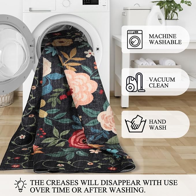 DUKINO 3x12 Washable Runner Rug, Non Slip Soft Floral Hallway Runner Rug with Non Shedding Design, Low Pile Long Floor Carpet for Kitchen, Hallway, Bathroom, Entryway, Laundry, Black