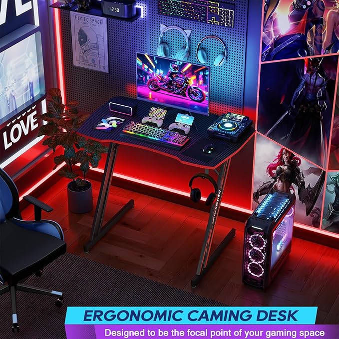 BestOffice Gaming Desk 35 in PC Computer Desk Z Shaped Gaming Workstation Ergonomic Gaming Table with Headphone Hook for Home Office,Black&Red | PC Computer Workstation, Ergonomic Gaming Table, Headphone Hook, For Home Office