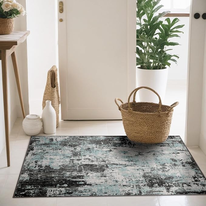 RELEANY Washable Area Rugs 2'x3' Non-Slip Modern Abstract Soft for Living Room Entryway Bedroom Kitchen, Print Pattern, Blue Black Teal