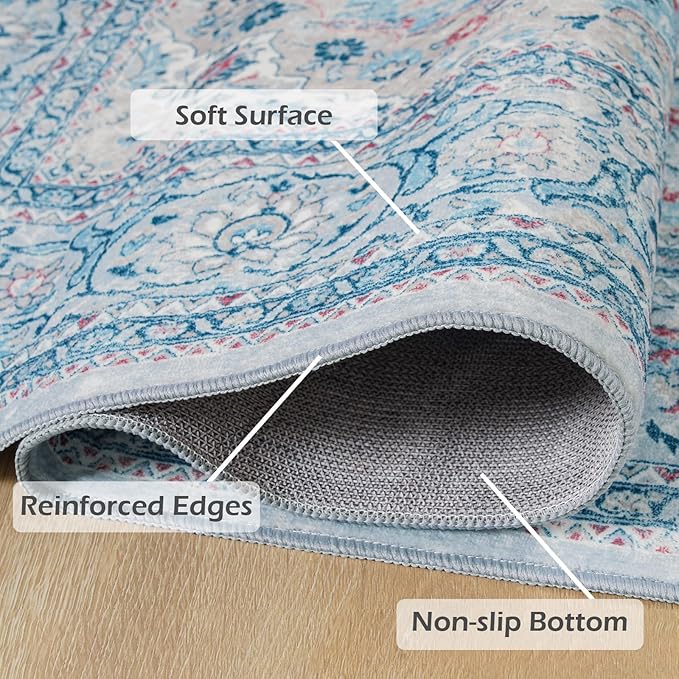 Goideal Washable Rug 4x6, Blue Area Rugs Non Slip, Indoor Low Pile Carpet with Rubber Backing for Living Room Kitchen Bathroom Entryway Office Bedroom