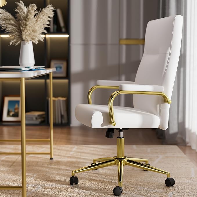 GXJ White and Gold Office Chair with Memory Foam Seat, Computer Desk Chair | 4.9'' Memory Foam Seat and 4.7'' Comfortable Backrest, High Back Leather Executive Chair with Wheels and Arms for Women