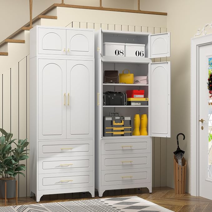 Metal Storage Cabinet with Doors and Shelves, 90" Tall Kitchen Pantry Storage Cabinets with 3 Drawer, White Pantry Closet, Steel Large Cupboard, High Leveling Feet- Assembly Required