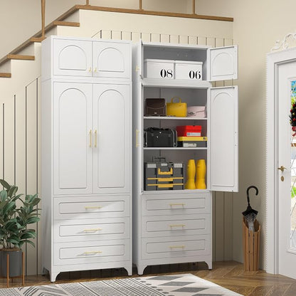 Metal Storage Cabinet with Doors and Shelves, 90" Tall Kitchen Pantry Storage Cabinets with 3 Drawer, White Pantry Closet, Steel Large Cupboard, High Leveling Feet- Assembly Required