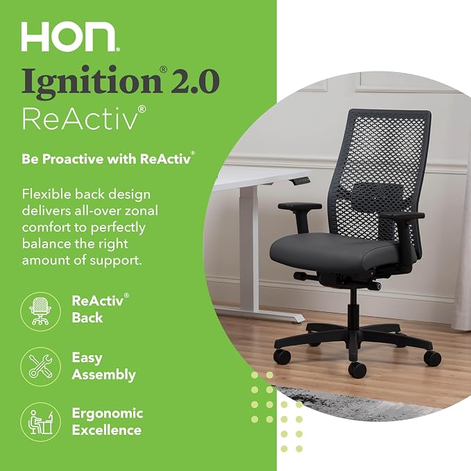 HON Ignition 2.0 ReActiv Ergonomic Office Chair, Mesh Desk Chair with Lumbar Support, Advanced Synchro‑Tilt, Height and Width Adjustable Arms, Swivel Wheels, Black Frame, Graphite