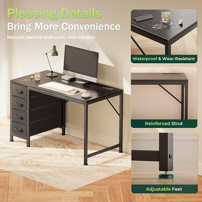 PRAISUN 39.4 Inch Computer Office Desk with Power Outelts and USB-C Port, Reversible Gaming Desk with 4 Fabric Drawers, Work Study Desk Work from Home, Black