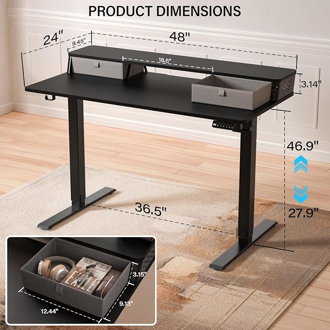 Electric Standing Desk with Two Drawers,48 x 24 Inch Sit Stand Desk Adjustable Height, Stand Up Desk with Storage Shelf, Computer Workstation for Home Office, Black