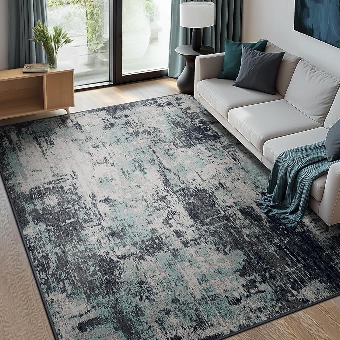 RELEANY Washable Area Rugs 6'x8' Non-Slip Modern Abstract Soft for Living Room Entryway Bedroom Kitchen, Print Pattern, Blue Black Teal