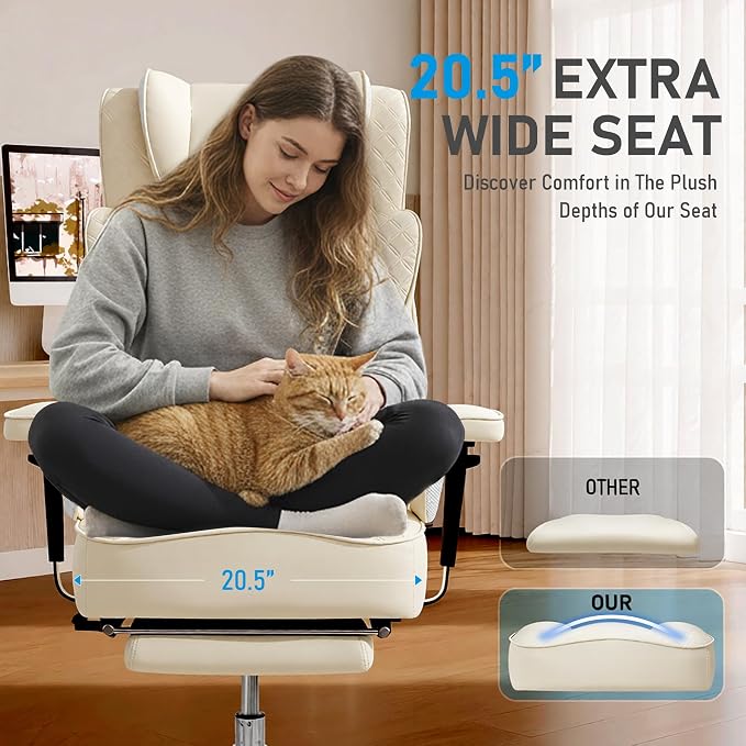 Big and Tall Office Chair, Leather Executive Ergonomic Desk Chair with Footrest, Comfy High-Back Computer Reclining Chairs with Lumbar Support (Beige)