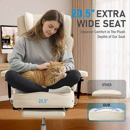 Big and Tall Office Chair, Leather Executive Ergonomic Desk Chair with Footrest, Comfy High-Back Computer Reclining Chairs with Lumbar Support (Beige)
